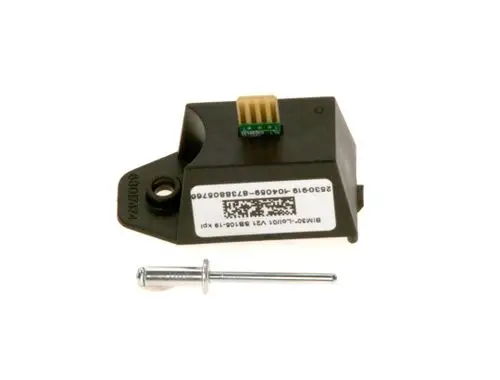 Schwarzes Bosch Modul mit elektrischen Anschlüssen und einem Halterungs-Pin, platziert auf hellem Hintergrund.